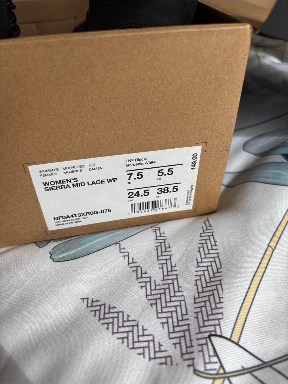 The North Face Black and White Women's Sierra Mid Lace WP Box Label